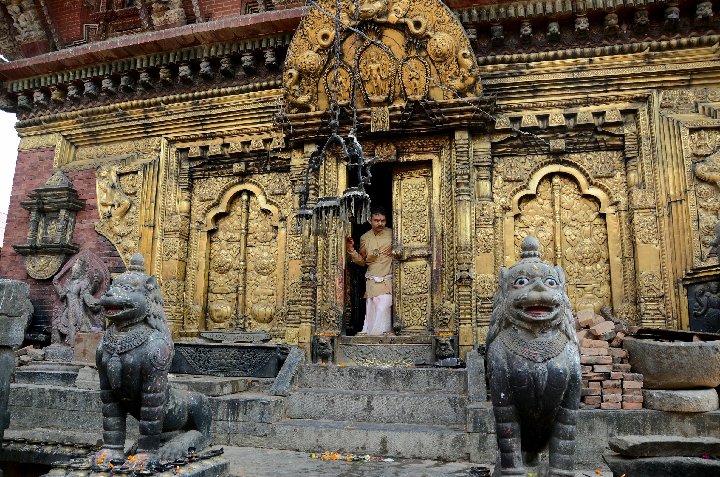 Kathmandu Changu Narayan 17 Temple Main Entrance Has Beautiful Gilded Doors And Windows And Two Snow Lions 